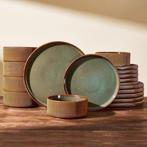 Dinnerware Set for 6, Ceramic Ribbed Plates, Bowls, Dishes by FamiwarePremium