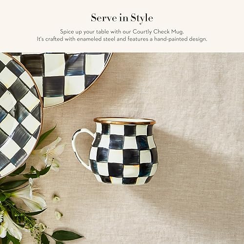 MACKENZIE-CHILDS Enamel Mug Set, Black-and-White Courtly Check - Image 2