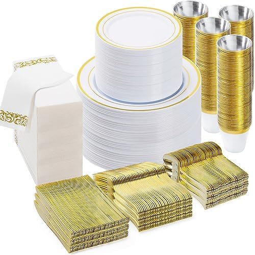 BESTVIP 700 PCS Disposable White and Gold Plastic Plates for 100 Guests by Bestvip