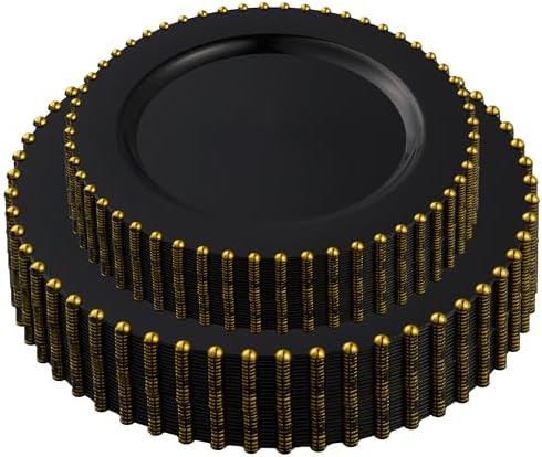 PLASTICPRO 64 Piece Combo Plastic Dinner Plates Disposable Plastic Fancy Heavy Duty Party Dishes 7 inch and 10 inch, Black and Gold Beaded by PLASTICPRO