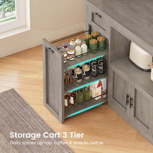 Itaar 71" Pantry Cabinet with Charging Station and LED Light, Kitchen Pantry Cabinet with Microwave Stand, 47.2" Wide Kitchen Storage Cabinets with Storage Cart 3 Tier for Dining Room, Grey - Image 6