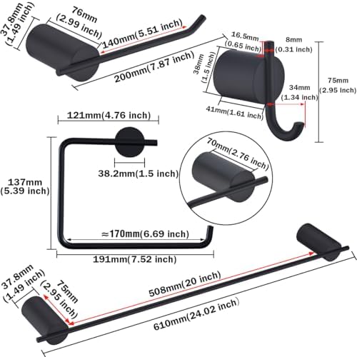 RANDOM Matte Black Bathroom Hardware Set 5 Pieces Include 24 inch Towel Bar Towel Ring Toilet Paper Holder Towel Hook for Bathroom,SUS304 Stainless Steel.RD96068S-5MB-2 - Image 2
