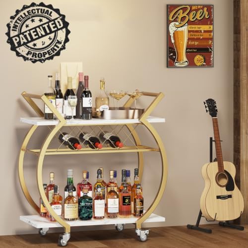LVB Gold Bar Cart with Wheels, Modern White Marble Home Bar Serving Cart - Image 3