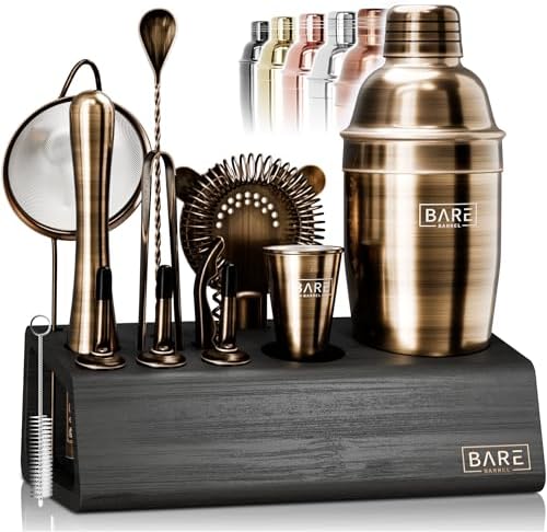 BARE BARREL® Mixology Bartender Kit Bar Set | 14-Piece Cocktail Shaker Set | Martini Barware Mixing Tools for Home Bartending | Incl. 35 Recipe Cards | Gift Set (24oz Cobbler Shaker, Brass/Black) by BareBarrel