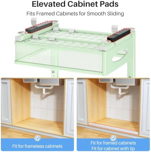 Under Sink Organizer, 2 Tier Pull Out Under Cabinet Organizer Shelf with Pad for Framed Cabinets, Metal Slide Out Under Sink Storage, Mesh Sliding Drawers for Kitchen Bathroom Laundry(Green, 1 Pack) - Image 7