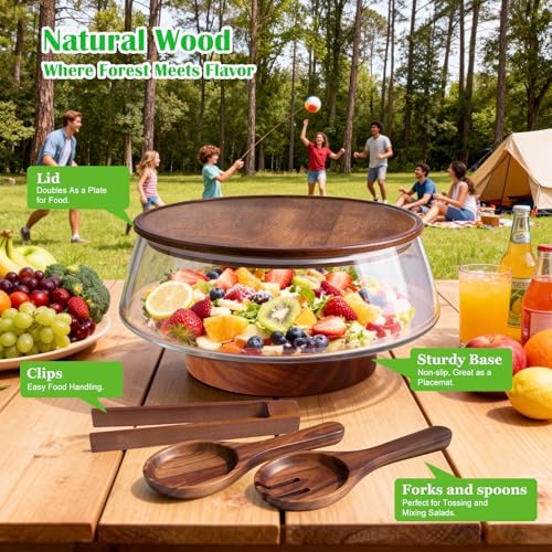 Extra Large Glass Salad Bowl with Lid Set, 5-Qt (160 fl oz) Mixing/Serving Bowl with Wood Base & Salad Servers, Trifle Bowl for Kitchen, Parties & Christmas - Image 4