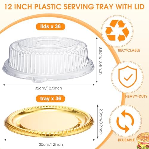 Nitial 36 Pcs Plastic Serving Trays with Lids, Round, Gold, 12 Inches - Image 2