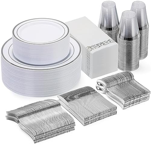Goodluck 350 Pcs Silver Dinnerware Sets for 50 Guests, Disposable Plate Set by GoodLuck
