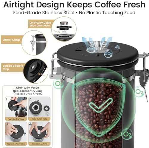 Veken Coffee Canister with Window, Airtight Stainless Steel Container,Date Tracker, Kitchen Food Storage Jars for Beans, Ground, Espresso, Rice,Tea, Sugar, Cereal, Gifts, Scoop, Grey, 22OZ (Pack of 2) - Image 3
