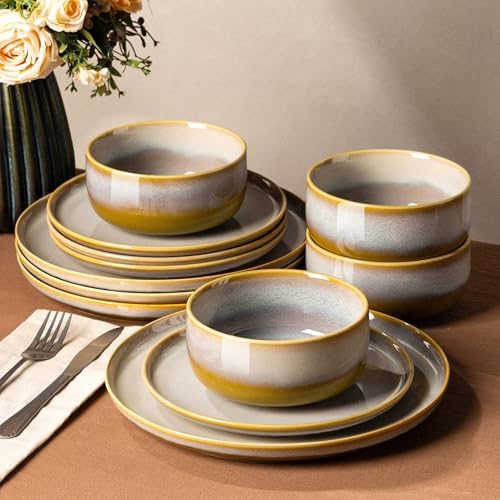 TheTerra Ceramic Dinnerware Set for 4, 12-Piece Plates and Bowls Set by TheTerra