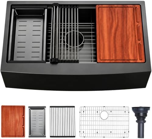 VAPSINT 33 Inch Black Farmhouse Kitchen Sink, 33x20x9 Inches Stainless Steel Undermount 16 Gauge Deep Single Bowl Apron Front Workstation Ledge Farm Sink with Accessories by VAPSINT