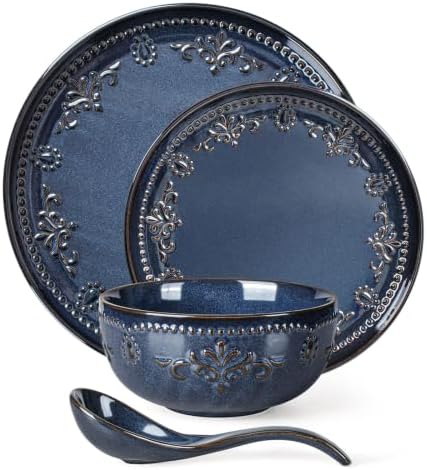 Artena 4-Piece Handcrafted Ceramic Dinnerware Set, Service for 1 – Reactive Glaze Embossed Plates, Bowls & Soup Spoons Included, Dishwasher & Microwave Safe, Blue, Damask Floral by Artena