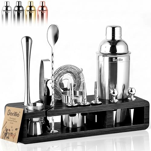 Barillio Silver Bartender Kit - Stainless-Steel Cocktail Shaker Set w/Black Bamboo Stand - Mixology Bar Tools w/Drink Shaker, Mixer & Muddler for Cocktails - Home Bar Accessories - 23-Pc Bar Set by Barillio