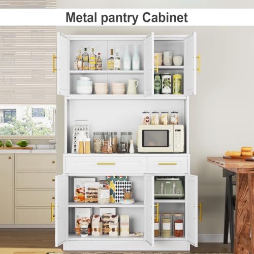 71 Sideboard Buffet Cabinet, Metal Kitchen Coffee Bar Cabinet White - Image 6