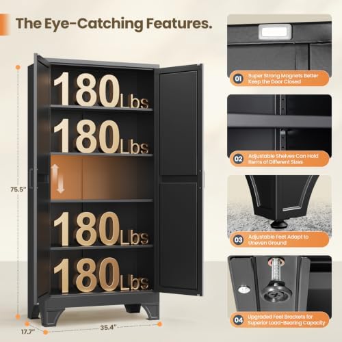 Yizosh 75" Black Metal Pantry Storage Cabinet,Garage Tool Storage Cabinets - Image 3