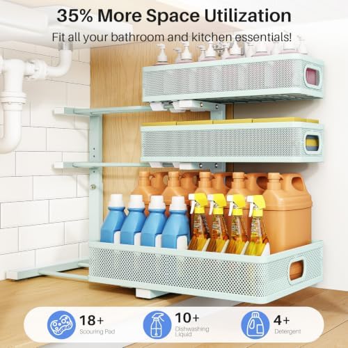 Under Sink Organizer, 3-Tier Thickened Metal Pull out Cabinet Organizer Shelf, Height Adjustable Slide out Storage Drawer Rack for Kitchen Bathroom Pantry Laundry Home, 2-Pack, LightBlue - Image 4