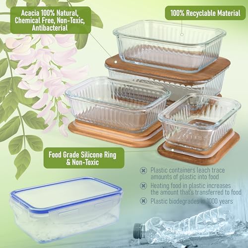 Ribbed Glass 4 Stackable Meal Prep Containers with Acacia Lids - Image 6