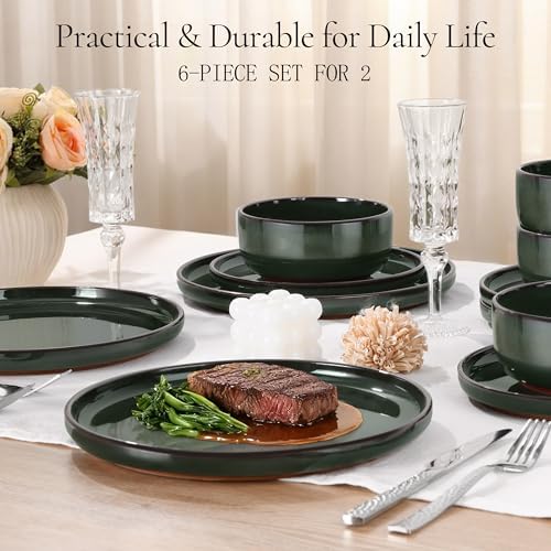 E-far Stoneware Dinnerware Sets for 2, 6 Pieces Reactive Glaze Plates and Bowls Sets, Elegant Dishes with Rustic Terracotta Base, Dishwasher & Microwave Safe, Scratch Resistant, Blackish Green - Image 4