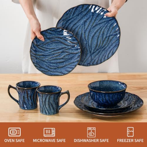 Ceramic Dinnerware Sets for 6, 24 pcs Plates and Bowls Sets, Reactive Glaze Ceramic Dish Set, Scratch Resistant, Microwave & Dishwasher Safe, Highly Chip and Crack Resistant Dishware sets, Ocean Blue - Image 3