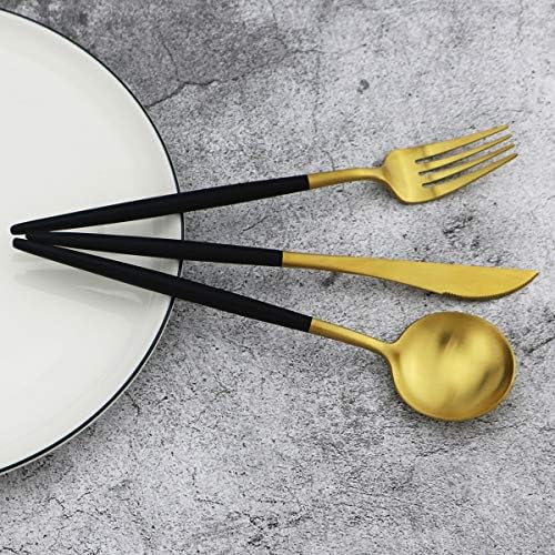 20-Piece 18/10 Stainless Steel Flatware Silverware, Luxury Dinnerware Set Travel Cutlery Tableware Include Knife Fork Spoon Service for 4, Dishwasher Safe (Black Handle Matte Gold) - Image 6