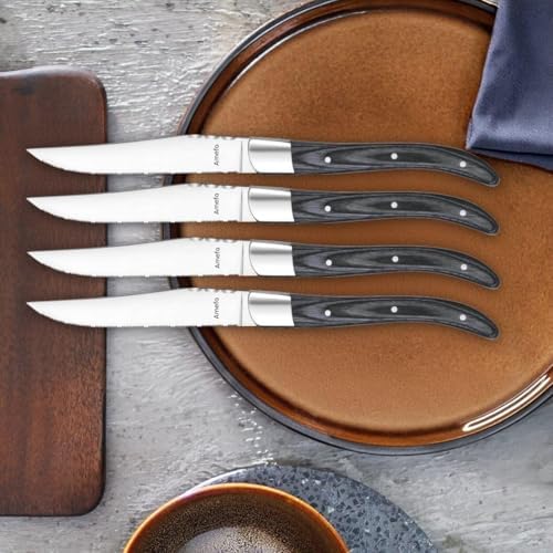 Amefa Royal Steak Knife Set of 6, Serrated Stainless Steel Blade, Pakka Wood Handle, Gray - Image 2