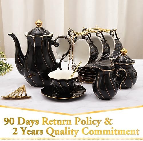 DUJUST 22 pcs Porcelain Tea Set for 6, Luxury British Style Tea/Coffee Cup Set with Golden Trim, Beautiful Tea Set for Women, Tea Party Set, Gift Package (Including a Stand) - Black - Image 6