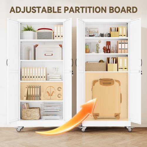Metal Storage Cabinets with Wheels, Steel Tool Cabinets Lock Door and 4 Adjustable Shelves for Home Office, Garage, Kitchen (White, 70.9" H) - Image 4
