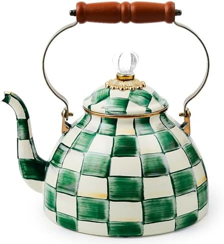 MACKENZIE-CHILDS Tea Kettle, 3 Quarts, Green-and-White Emerald Check by Unknown