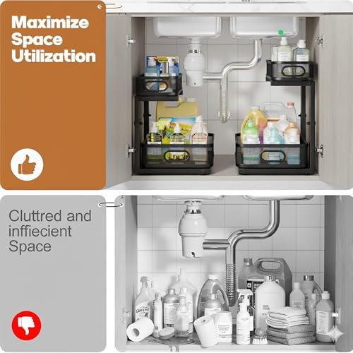 2 Pack Under Sink Organizer, Dual-Layer Pull Out Mesh Cabinet Rack with 5-Level Height Adjustment, Rust-Resistant Sliding Storage for Bathroom & Kitchen, Multi-Purpose 2-Tier Shelf(Black) - Image 5