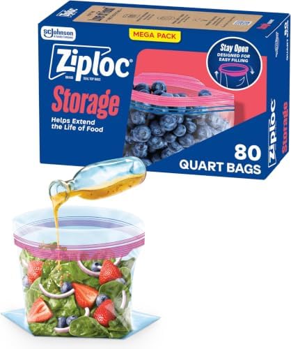 Ziploc Quart Food Storage Bags, Stand-Up Bottom, Easy to Fill, 80 Count (Pack of 9) by Ziploc