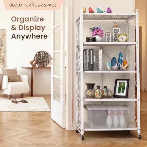 Our Modern Space 5-Tier Foldable Storage Shelf with Wheels | Metal Rack Collapsible Shelving Display | Rolling Cart for Books Kitchen Storage Shelves | Pantry & Closet Organizer | Office Room Decor - Image 6
