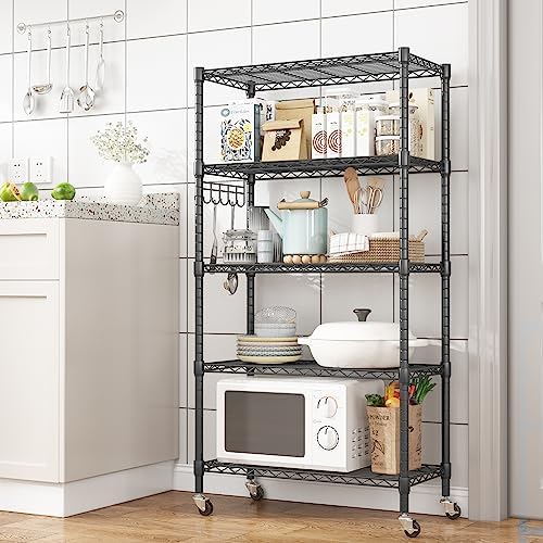 Homdox 5 Tier Metal Storage Shelves with Wheels, Heavy Duty Wire Shelving Unit, Adjustable Storage Racks with Side Hooks for Bathroom Kitchen Garage Pantry Organization, Black - Image 2