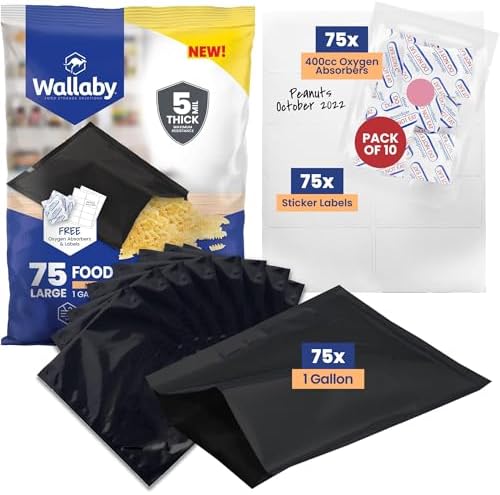 Wallaby 1-Gallon Open Top 10 Mil Mylar Bags, Oxygen Absorbers (75-Pack) by WallabyGoods