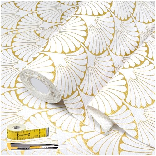 Shelf Liners Non Adhesive Gold Background White Fan-Shaped Pattern by Oneoftheworld