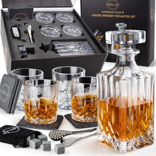 LIGHTEN LIFE Whiskey Decanter Set with Bar Accessories,Crystal Whiskey Decanter and Glass Set in Gift Box,Non-Lead Bourbon Decanter Set for Rum Scotch,Wedding Anniversary Birthday Gift for Men Him Dad by LIGHTENLIFE