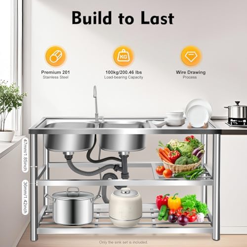 Stainless Steel Commercial Sink 2 Compartment Kitchen Free Standing Double Bowl Restaurant Kitchen Sink Set W/Prep Table for Cleaning Tableware Fruits and Vegetables, Large, Silver - Image 3