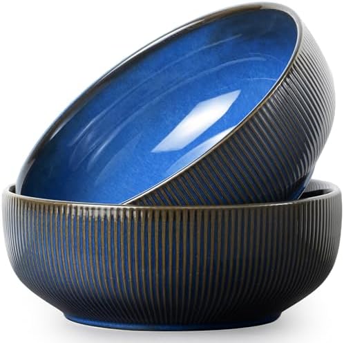 getstar Large Serving Bowls (9.5 inch & 92 fl oz), Ceramic Salad Bowl Set of 2, Microwave and Dishwasher Safe (Embossed Stripes, Vintage Blue) by Getstar