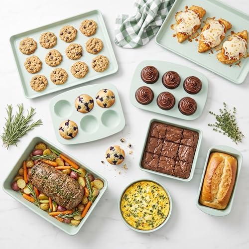 Larder & Vine 8-Piece Stackable Bakeware Set, Ceramic-Coated Nonstick Baking Pan Set, Non-Toxic, with Baking Sheets, Muffin Pan, Loaf Pan & Cake Pans, Sage - Image 4