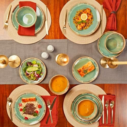 TTU Tabletops Gallery Tuscan Collection Reactive Glaze 4 Piece Stoneware Dinner Plate Set Dining Kitchen Tableware Service for 4, Teal Green - Image 4