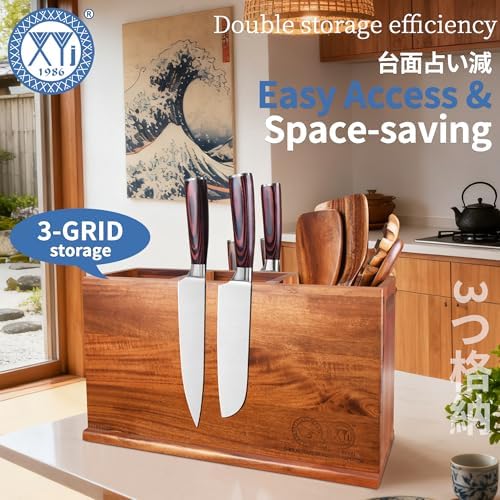 XYJ Acacia Wood Utensil Holder with Magnetic Exterior ・3-Compartment - Image 5