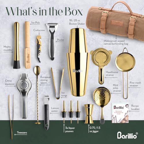 Barillio Bartender Kit Bag with Gold Cocktail Shaker Set - Waxed Canvas, Traveling Bar Tools Bag with 17-Pc Cocktail Kit - Travel Mixology Bartending Kits - Mobile Bar Roll with Strap & Accessories - Image 4