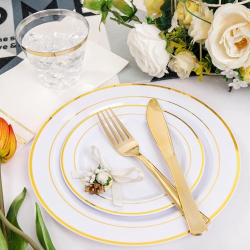 NOCCUR 700PCS Gold Plastic Plates - Gold Disposable Dinnerware Set for 100 - Include 200 Dinner/Dessert Plates, 300 Cutlery, 100 Cups, 100 Napkins, Idea for Wedding/Party/Fall/Thanksgiving - Image 3