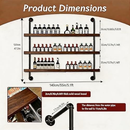 55IN Wall Mounted Wine Rack 3-Tier Industrial Pipe with LED Light - Image 2