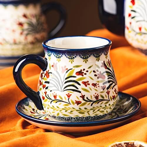 polish pottery style porcelain ceramic 10 piece Tea set,7.2oz tea cup and sauce set of 4,28.2oz teapot and 1wooden tray. (The tulip) - Image 5