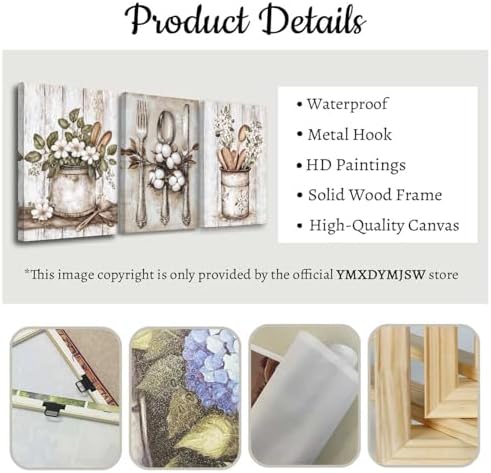 YMXDYMJSW Vintage Kitchen Wall Art 3 Piece Kitchenware Pictures Fork Knife Spoon Floral Canvas Print Farmhouse Floral Tableware Painting for Dining Room Home Decor (White, (16.00" x 24.00" x 3PCS)) - Image 6