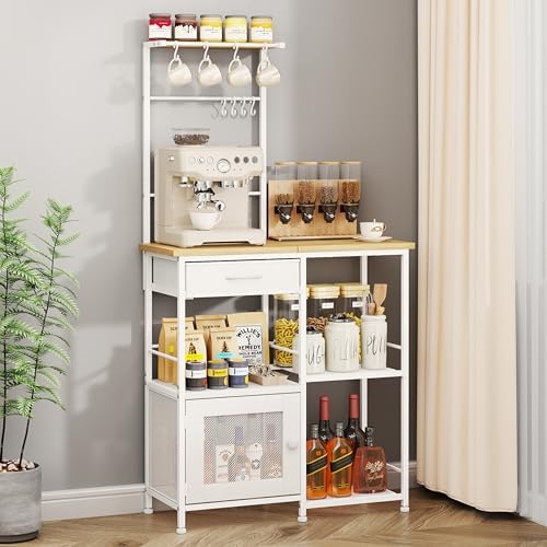 SWTYMIKI Coffee Bar with Hanging Rack - Farmhouse Coffee Stand Station Multi-Purpose Buffet Sideboard Cabinet with Drawers - Kitchen Bar Table for Living Room, Corner, Small Space, Natural by SwtyMiki-TidyHomeSweetLife