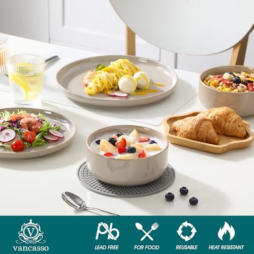 vancasso PLAYA Plates and Bowls Sets,12 Pieces Grey Dinnerware Sets for Kitchen,Reactive Glaze Dishes Set for 4,Dishwasher and Microwave Safe - Image 4