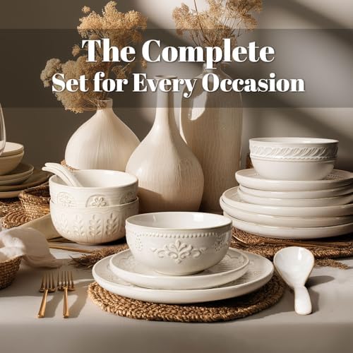Artena Plates And Bowls Sets, 16 Pieces Dinnerware Sets, Dish Set For 4, Ceramic Kitchen Bowl And Plate Set, Embossed White Dishware Sets, Dishwasher & Microwave Safe (Damask Floral) - Image 2