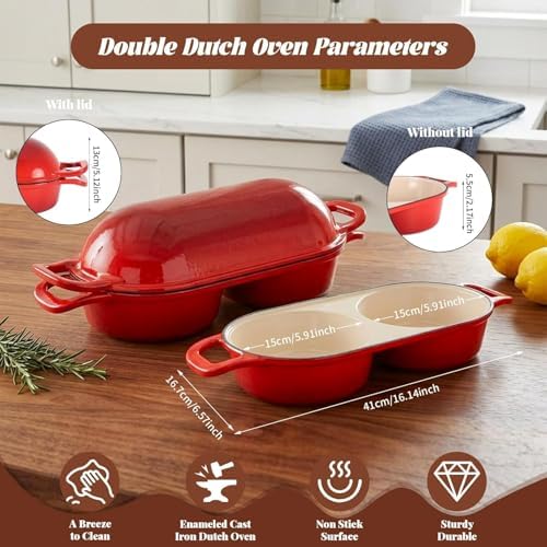 Double Mini Dutch Oven for Sourdough Bread Baking, Enameled Cast Iron Bread Oven with Lid, Bake 2 Artisan Loaves at Once, Includes 2 Banneton Proofing Baskets & Bread Lame, Oven Safe Bread Baking Pot - Image 3