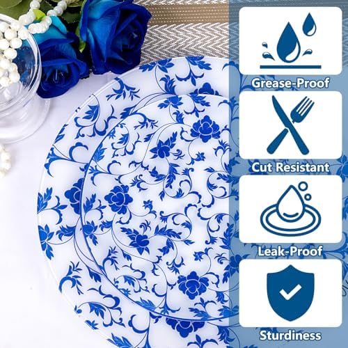 60 PCS Blue Plastic Plates - Blue Floral Plates - Disposable Decorative Plate Sets Include 30 Dinner & 30 Dessert Plate for Wedding Birthday Party Supplies - Image 3